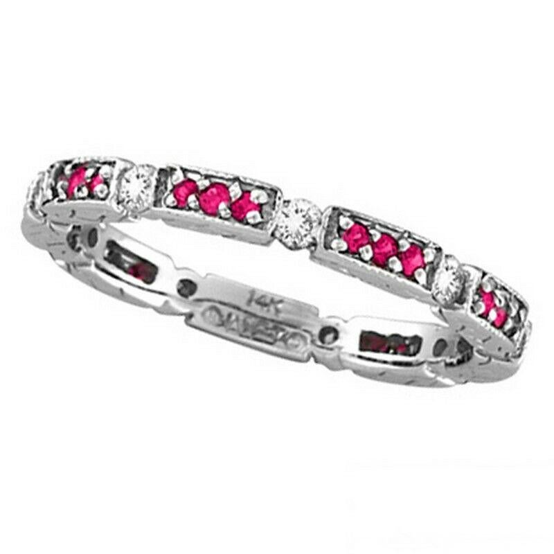 For Sale:  0.52 Carat Natural Pink Sapphire & Diamond Eternity Ring Band 14k White Gold 3