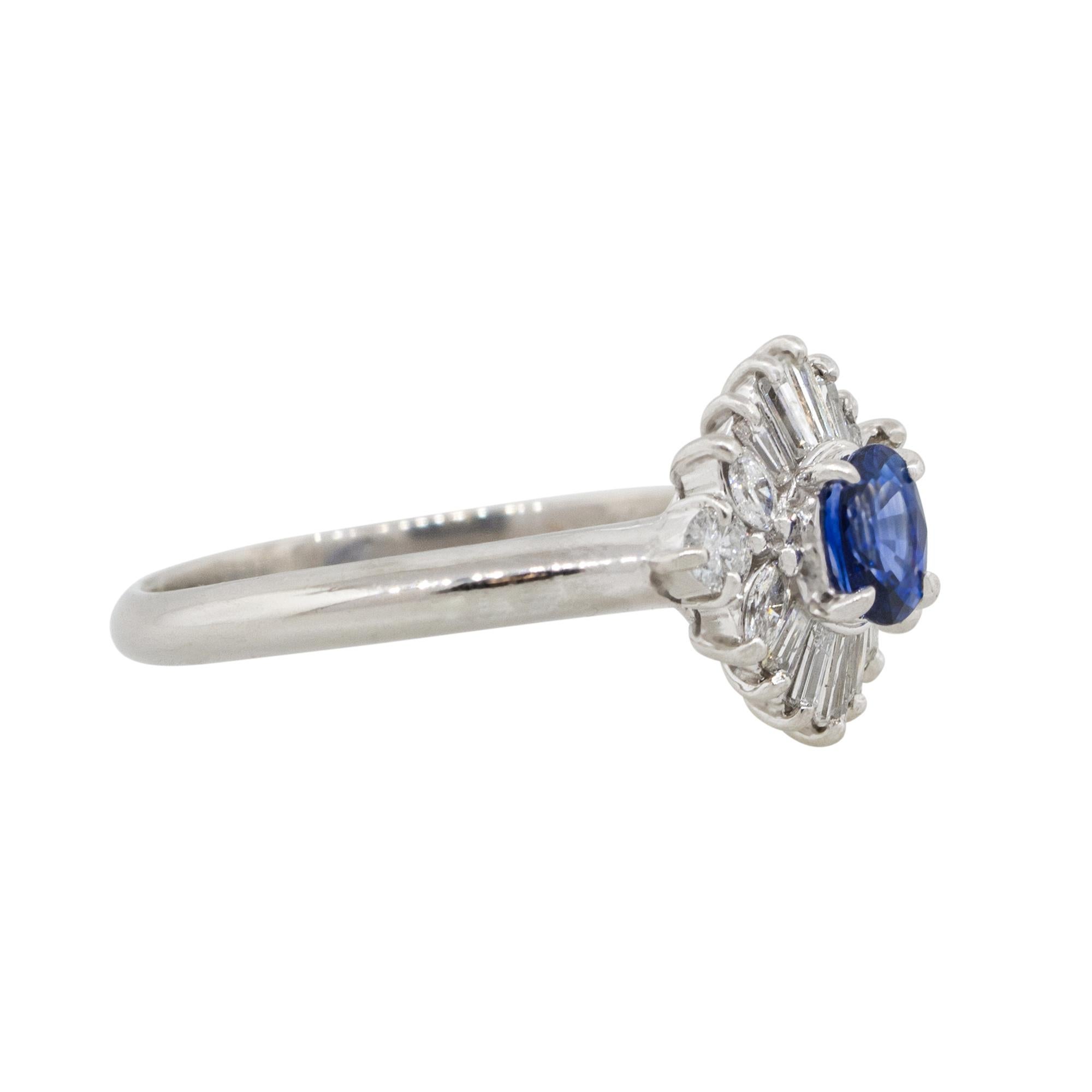 Material: Platinum
Gemstone details: Approx. 0.52ctw  oval shaped Sapphire center gemstone
Diamond details: Approx. 0.45ctw of round and baguette cut Diamonds. Diamonds are G/H in color and VS in clarity
Ring Size: 8.25
Ring Measurements: 0.95