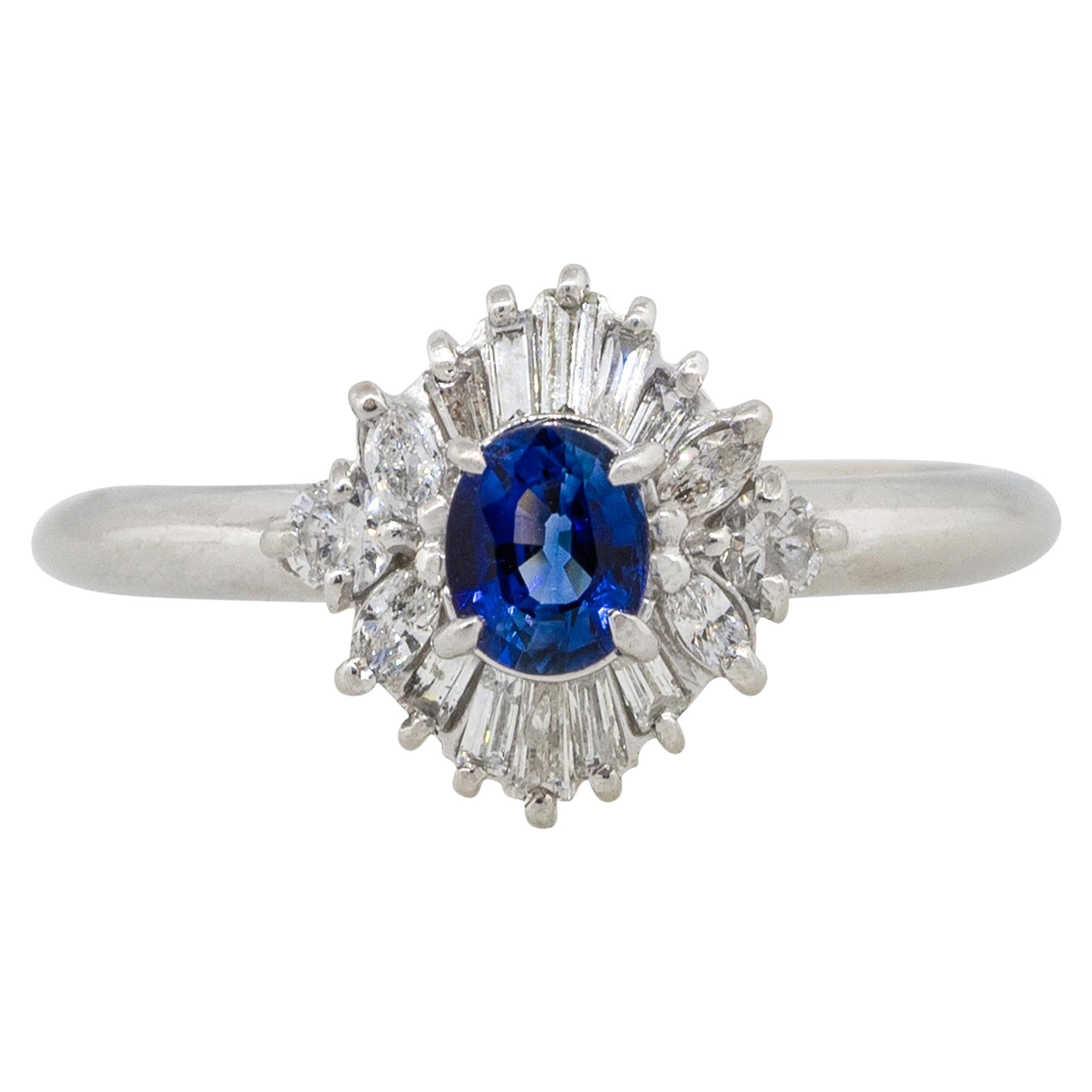 0.52 Carat Oval Cut Sapphire Center Diamond Cocktail Ring Platinum in Stock For Sale