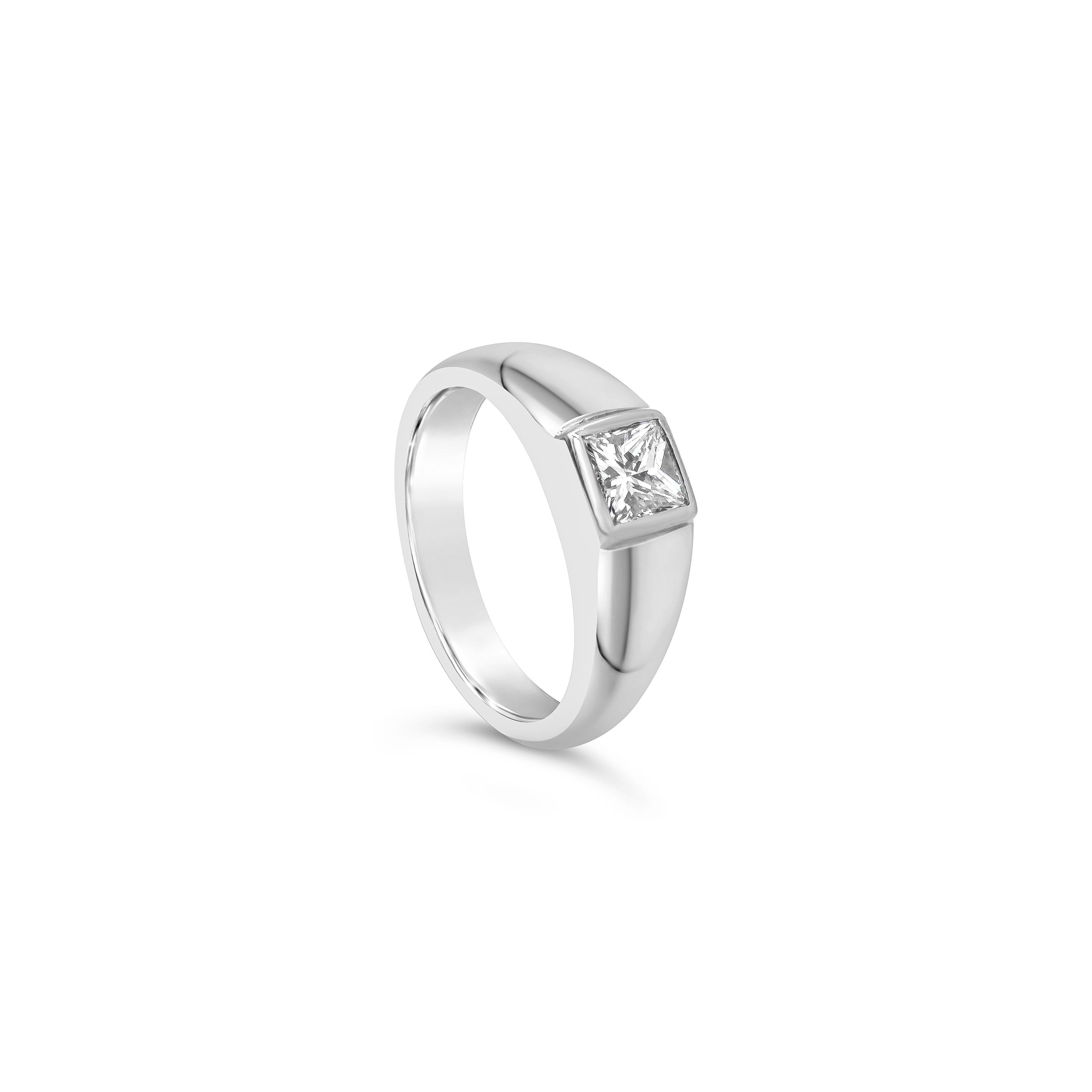 A simple and timeless solitaire engagement ring style showcasing a single princess cut diamond weighing 0.52 carats total, E Color and SI2 in Clarity, set in a bezel set. Made in 14K White Gold, Size 5.5 US resizable upon request.

