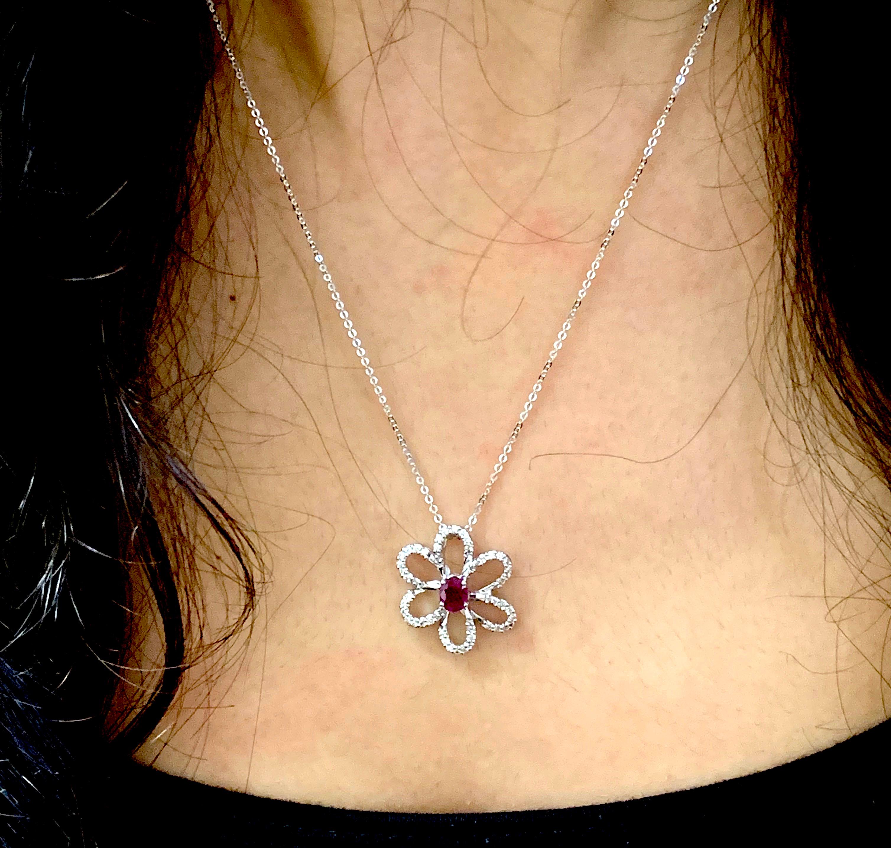 Contemporary 0.52 Carat Ruby and 0.28 Carat Diamond Flower Necklace