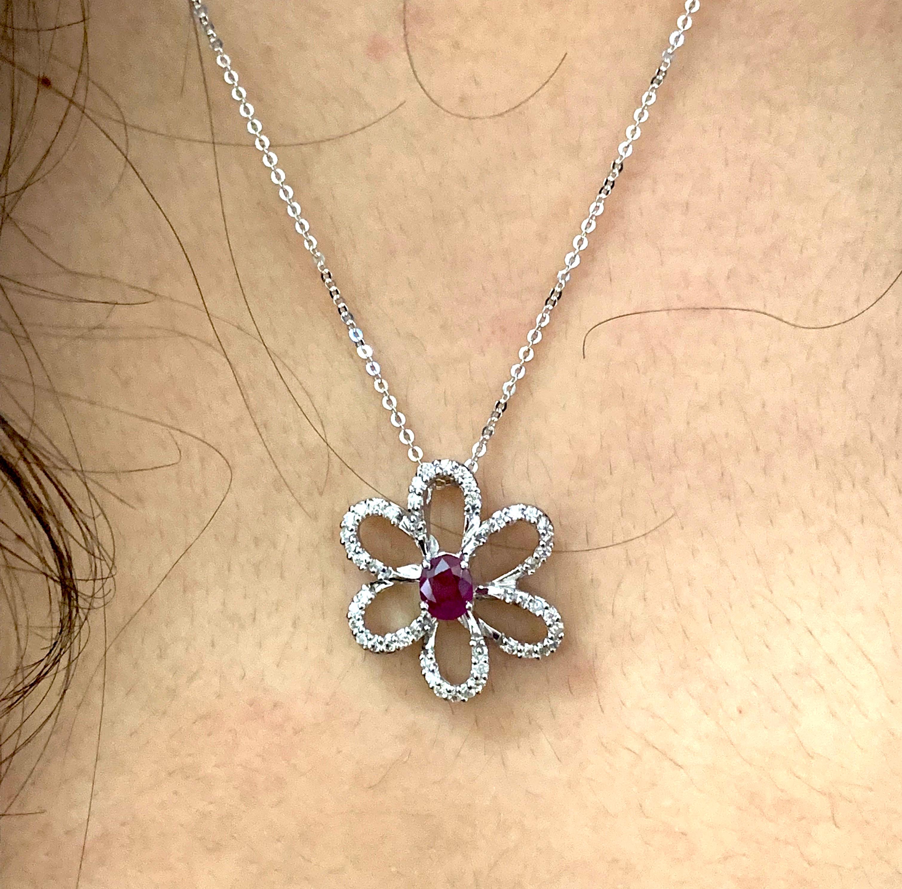 Oval Cut 0.52 Carat Ruby and 0.28 Carat Diamond Flower Necklace
