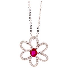 0.52 Carat Ruby and 0.28 Carat Diamond Flower Necklace
