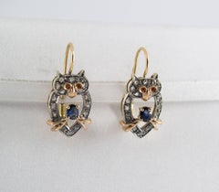 0.52 Carat Sapphire Ruby 0.20 Carat Diamond Yellow Gold "Owls" Earrings