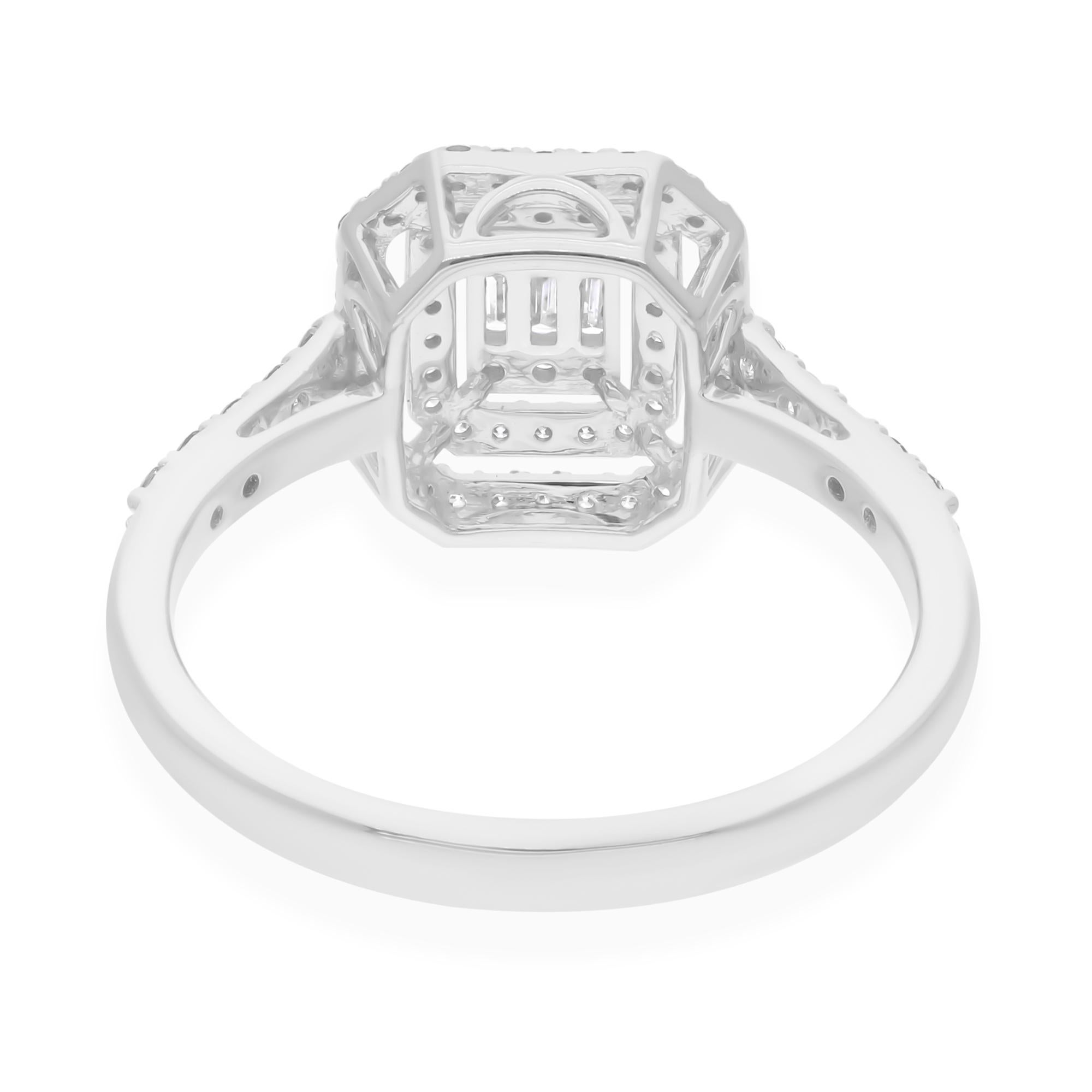 Baguette Cut 0.52 Carat SI/H Baguette Round Diamond Halo Ring 14 Karat White Gold Jewelry For Sale