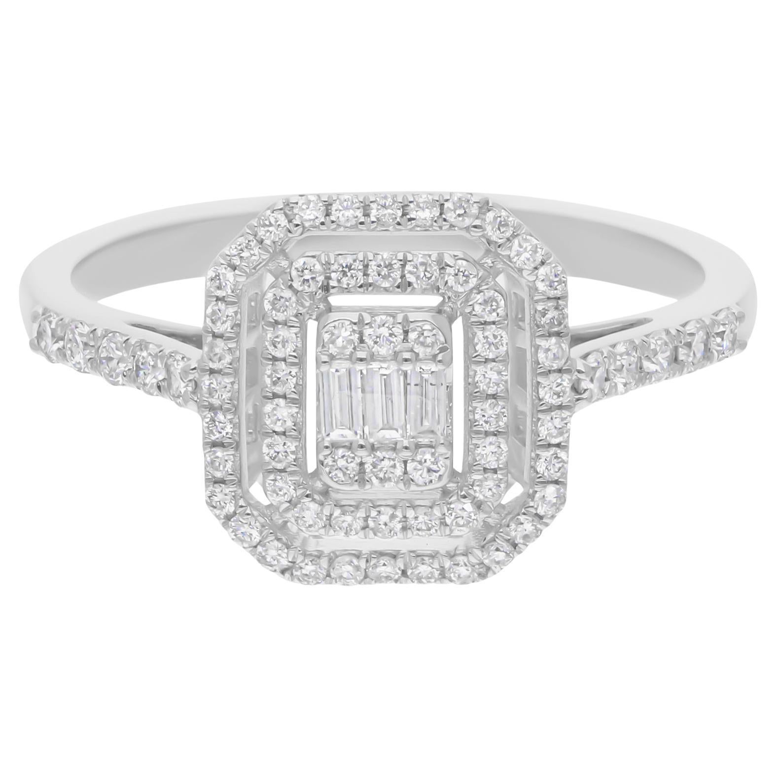Anillo Halo de Diamantes Redondos Baguette SI/H de 0,52 quilates Joyas de oro blanco de 18 quilates