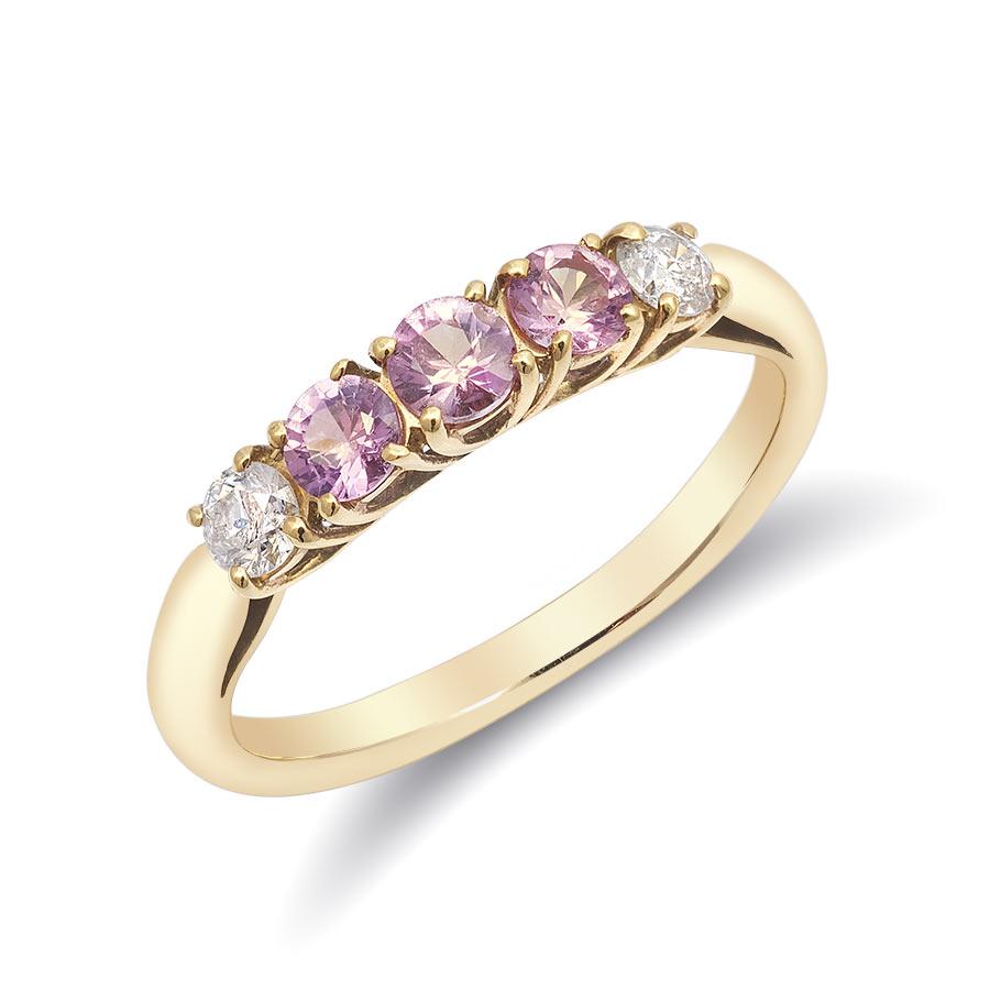 0.52 Carats Pink Sapphires Diamonds set in 18K Yellow Gold Ring In New Condition For Sale In Los Angeles, CA