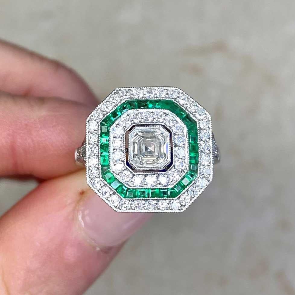 0.52ct Asscher Cut Diamond Engagement Ring, Diamond and Emerald Halo, Platinum For Sale 5