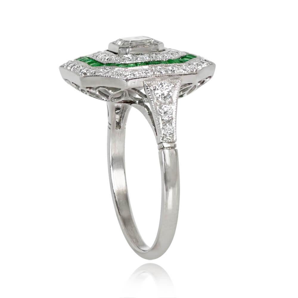 Art Deco 0.52ct Asscher Cut Diamond Engagement Ring, Diamond and Emerald Halo, Platinum For Sale