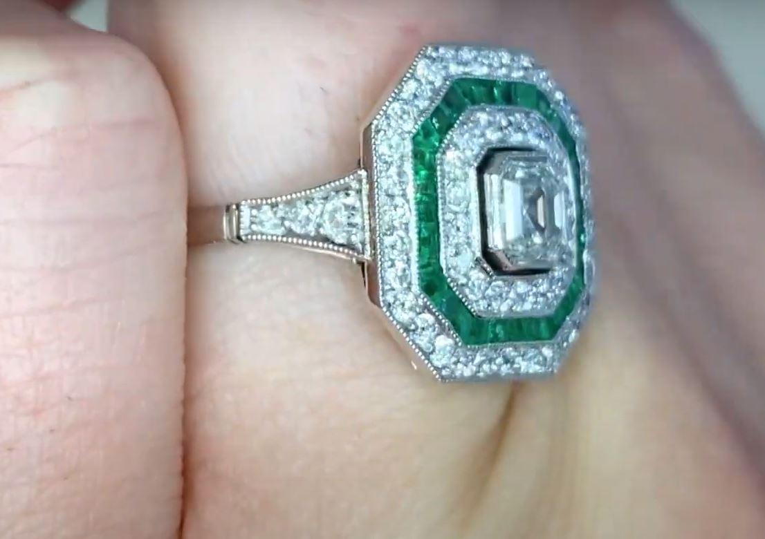 0.52ct Asscher Cut Diamond Engagement Ring, Diamond and Emerald Halo, Platinum For Sale 1