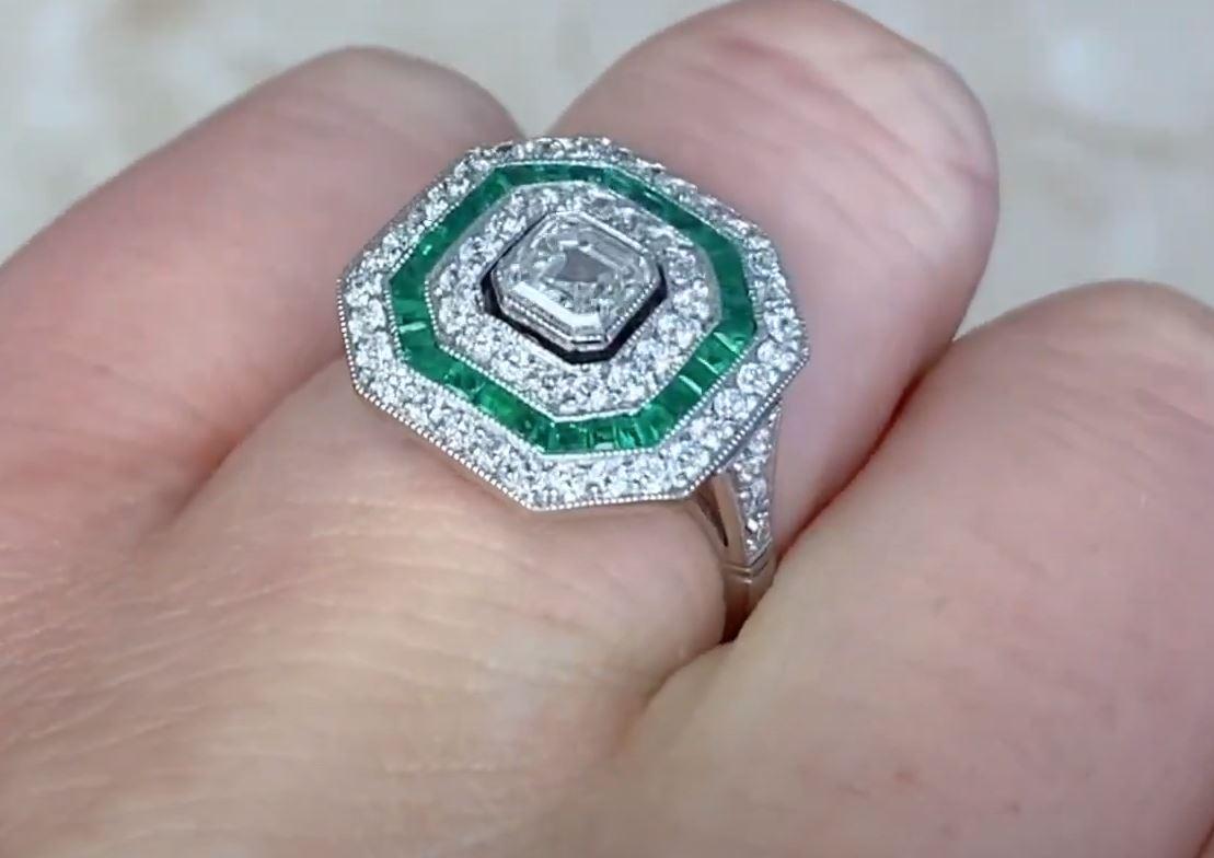 0.52ct Asscher Cut Diamond Engagement Ring, Diamond and Emerald Halo, Platinum For Sale 2