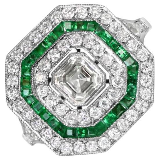 0.52ct Asscher Cut Diamond Engagement Ring, Diamond and Emerald Halo, Platinum For Sale