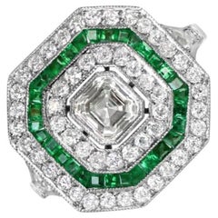 0.52ct Asscher Cut Diamond Engagement Ring, Diamond and Emerald Halo, Platinum
