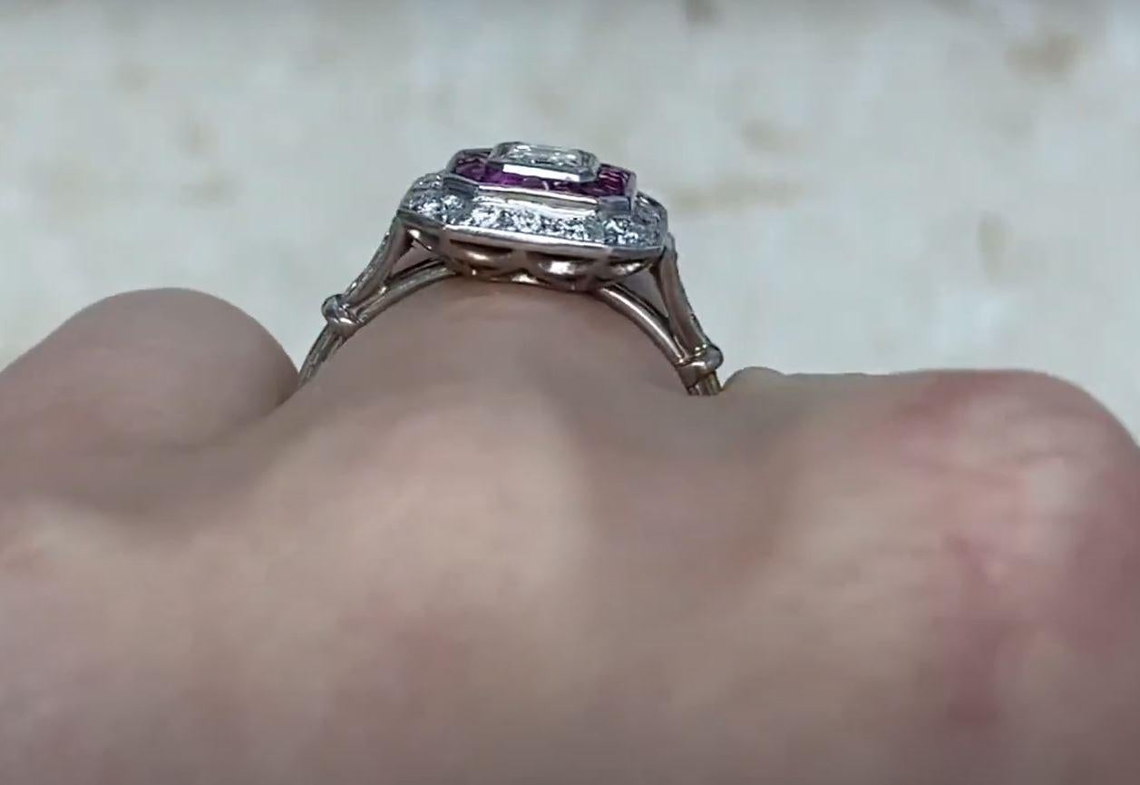 0.52ct Emerald Cut Diamond Engagement Ring, Diamond & Ruby Halo, Platinum  For Sale 2