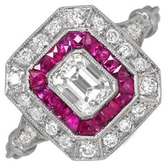Bague de fiançailles avec diamant taille émeraude 0,52 carat, halo de diamants et rubis, platine 