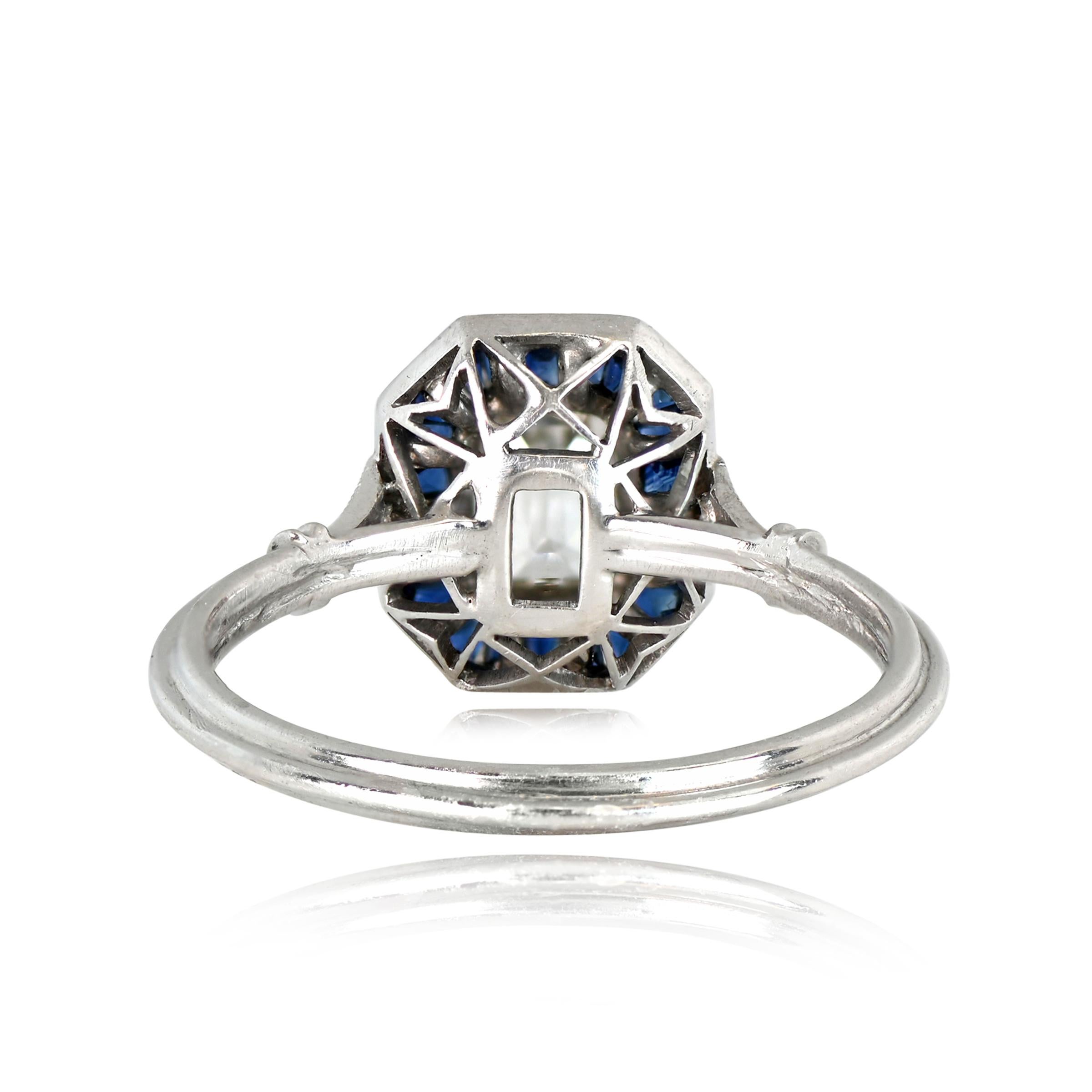Art Deco 0.52ct Emerald Cut Diamond Engagement Ring, VS1 Clarity, Sapphire Halo, Platinum For Sale