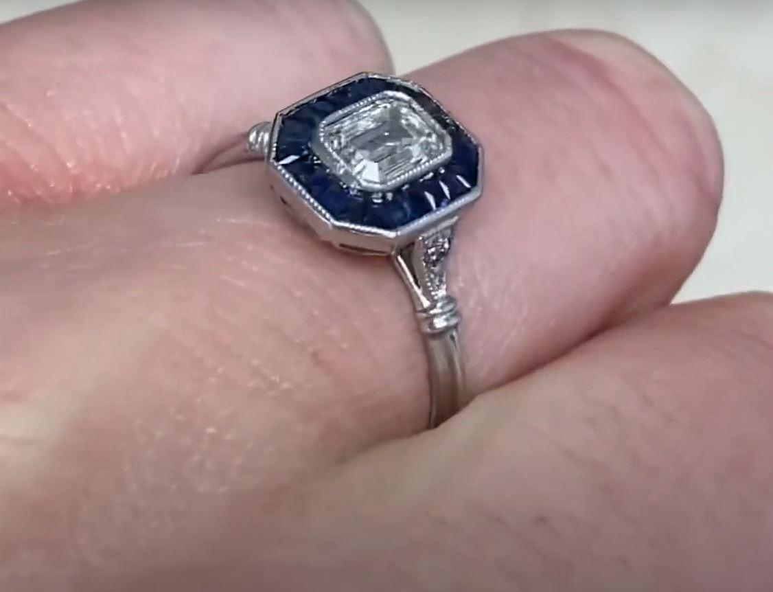 0.52ct Emerald Cut Diamond Engagement Ring, VS1 Clarity, Sapphire Halo, Platinum For Sale 3