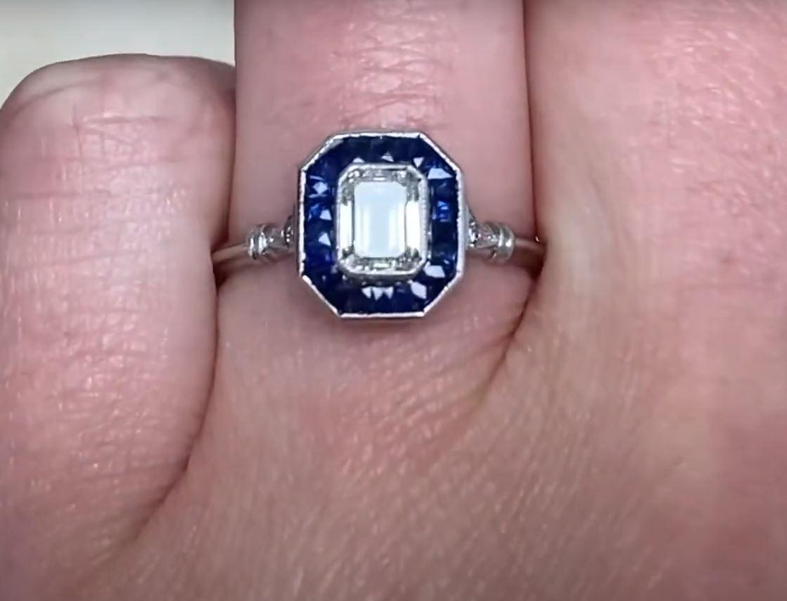 0.52ct Emerald Cut Diamond Engagement Ring, VS1 Clarity, Sapphire Halo, Platinum For Sale 1