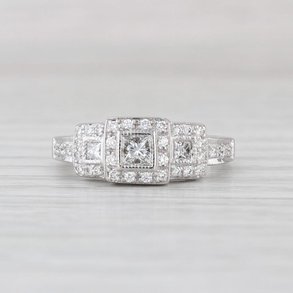 0.52ctw Diamond Engagement Ring 14k White Gold Size 5.5 3-Stone Halos In condizioni buone in vendita a McLeansville, NC