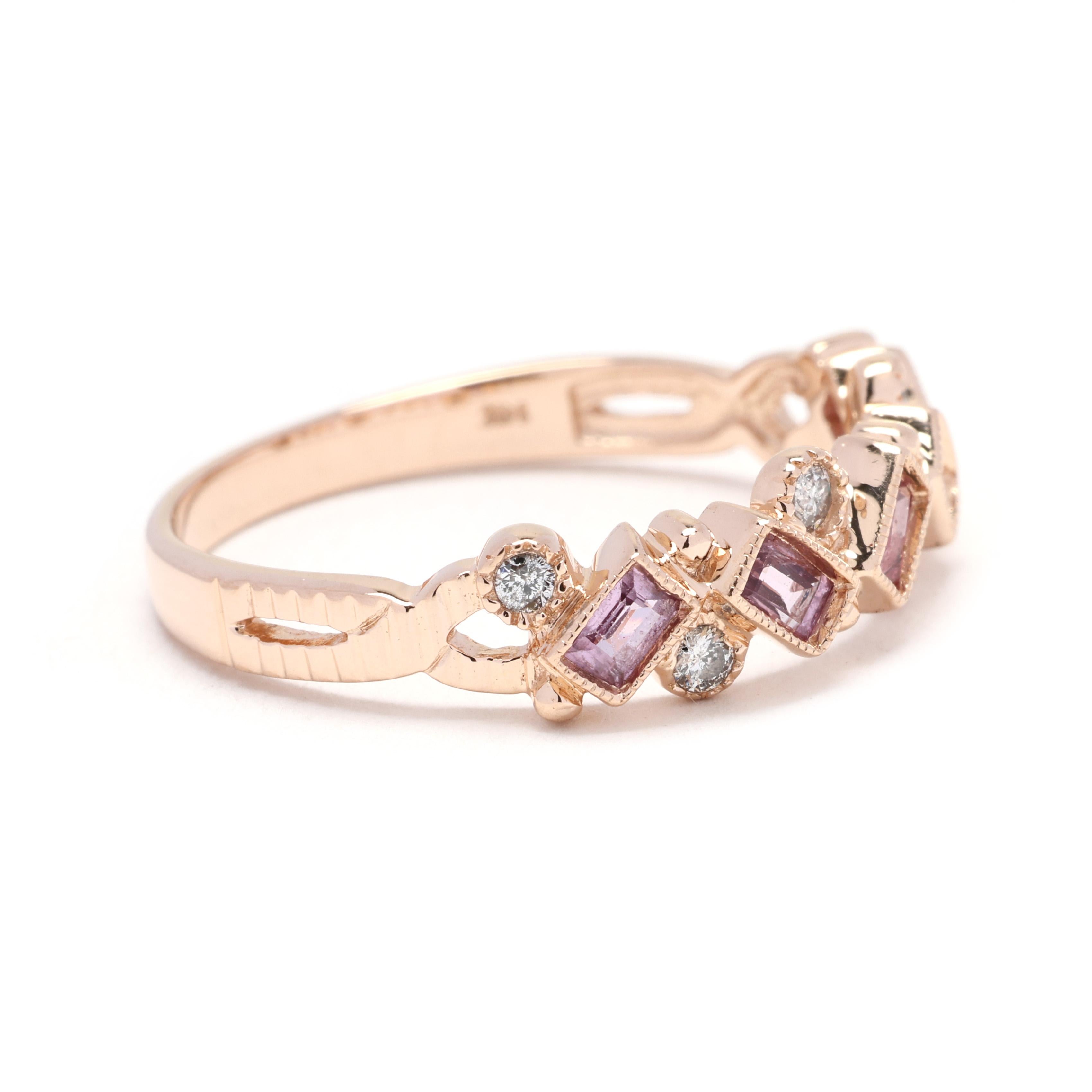 This 0.52ctw pink sapphire and diamond ring is a beautiful and elegant piece of jewelry. Made from 14k yellow gold, this stackable band features a stunning oval pink sapphire center stone, surrounded by a halo of sparkling diamonds. The pink