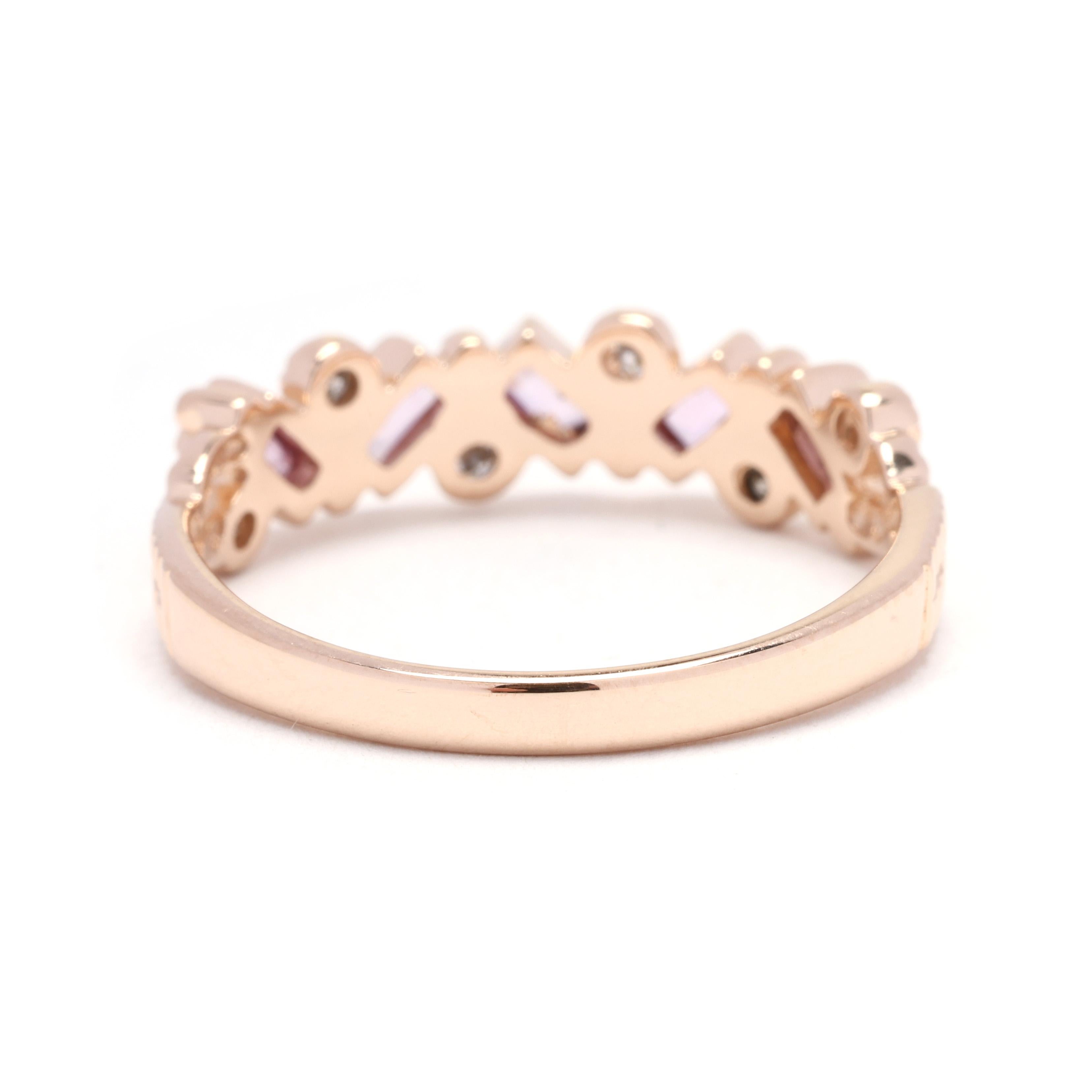 Baguette Cut 0.52ctw Pink Sapphire & Diamond Ring, 14k Yellow Gold, Stackable Band, Cluster For Sale