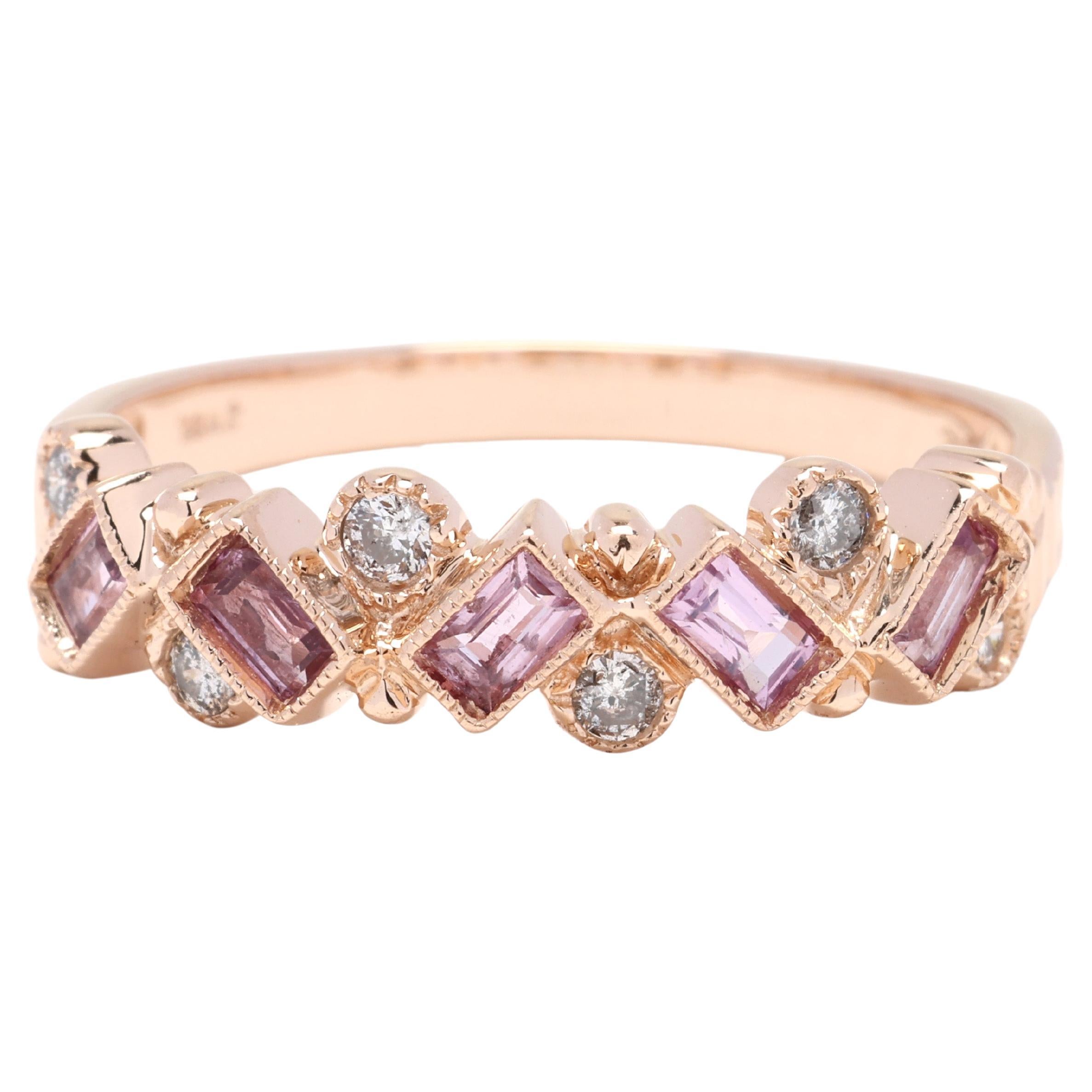 0.52ctw Pink Sapphire & Diamond Ring, 14k Yellow Gold, Stackable Band, Cluster For Sale