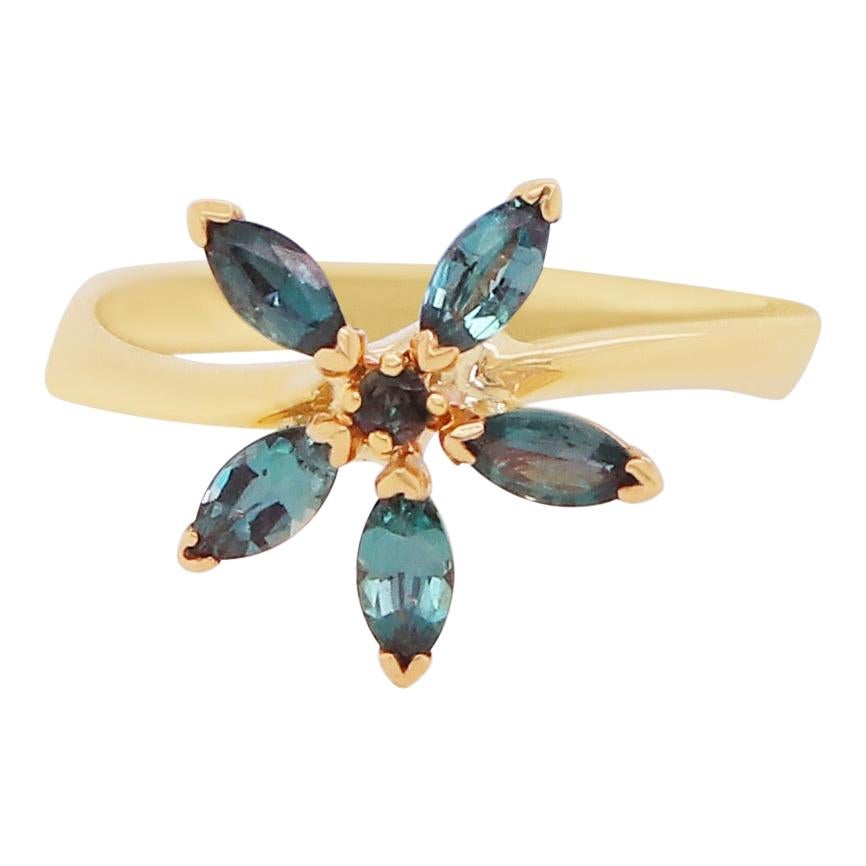 0.53 Carat Natural Marquise Color Change Alexandrite Flower Ring 18K Yellow Gold