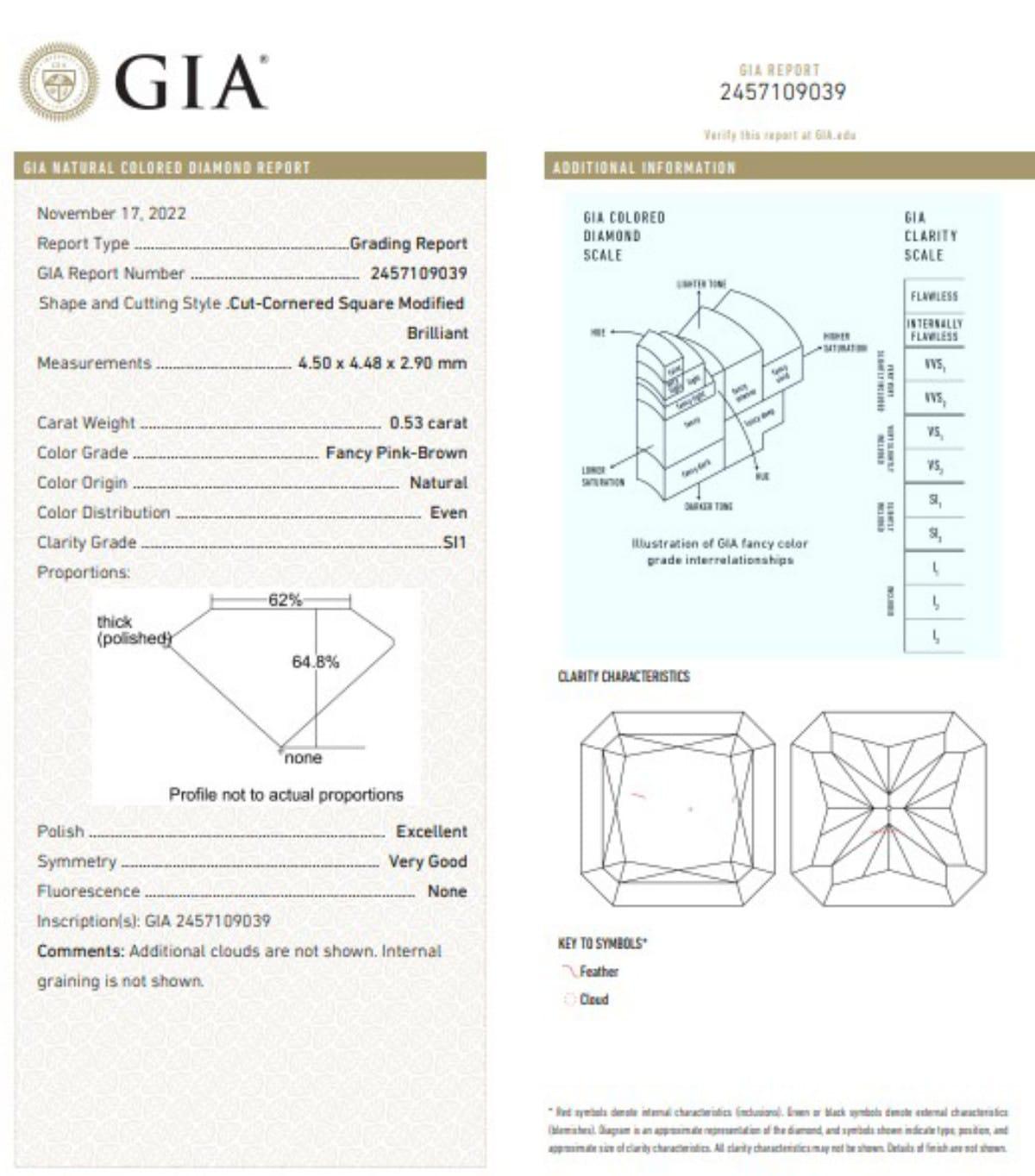 0.53-CARAT, FANCY PINK BROWN, RADIANT CUT DIAMOND SI1 Clarity GIA Certified For Sale 2