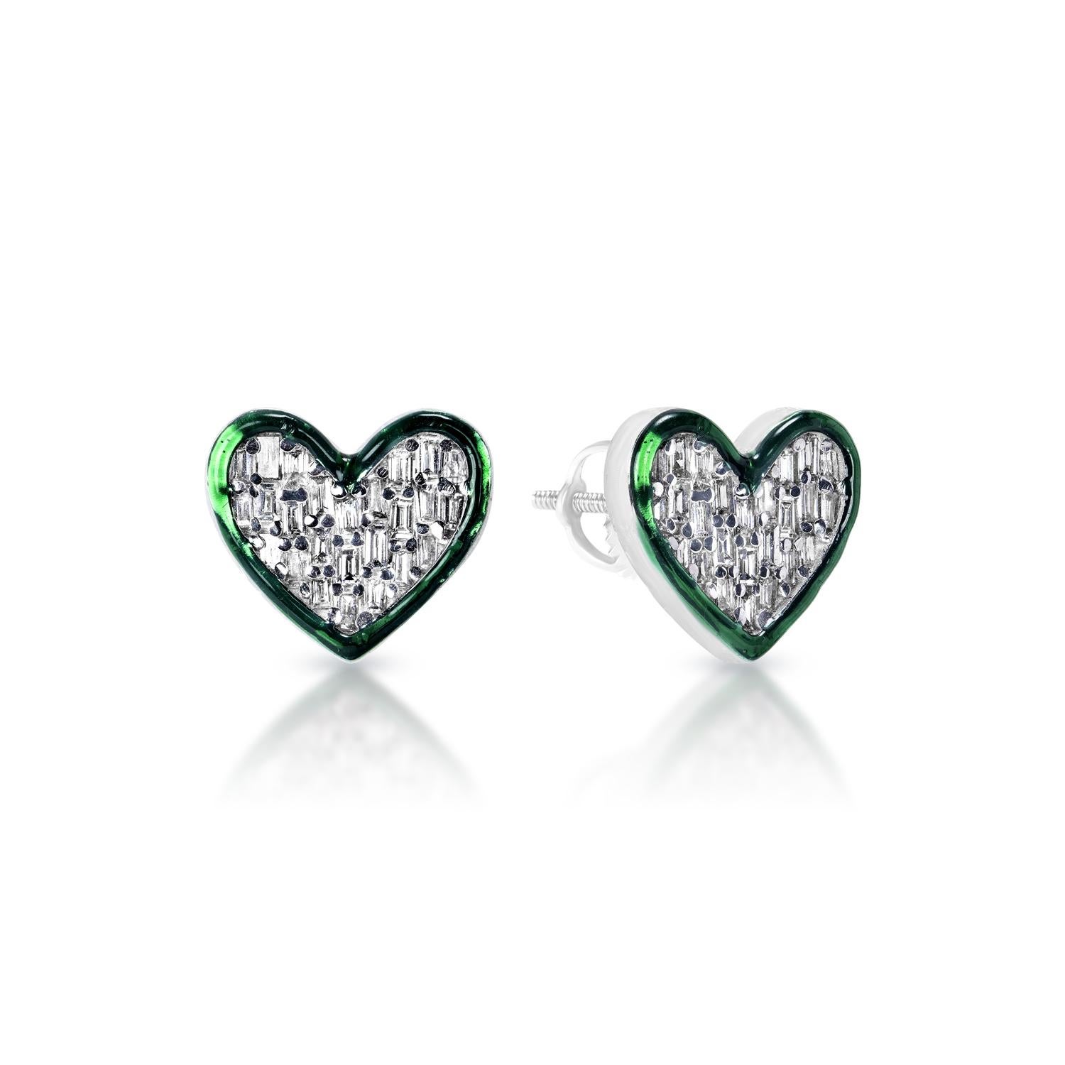 0.53 Carat Heart Baguette Cut Diamond Stud Earrings with Green Enamel Certified In New Condition For Sale In New York, NY