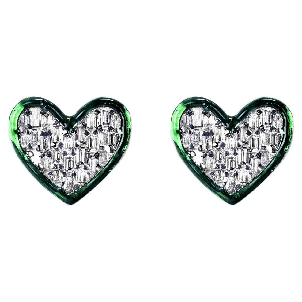 0.53 Carat Heart Baguette Cut Diamond Stud Earrings with Green Enamel Certified For Sale