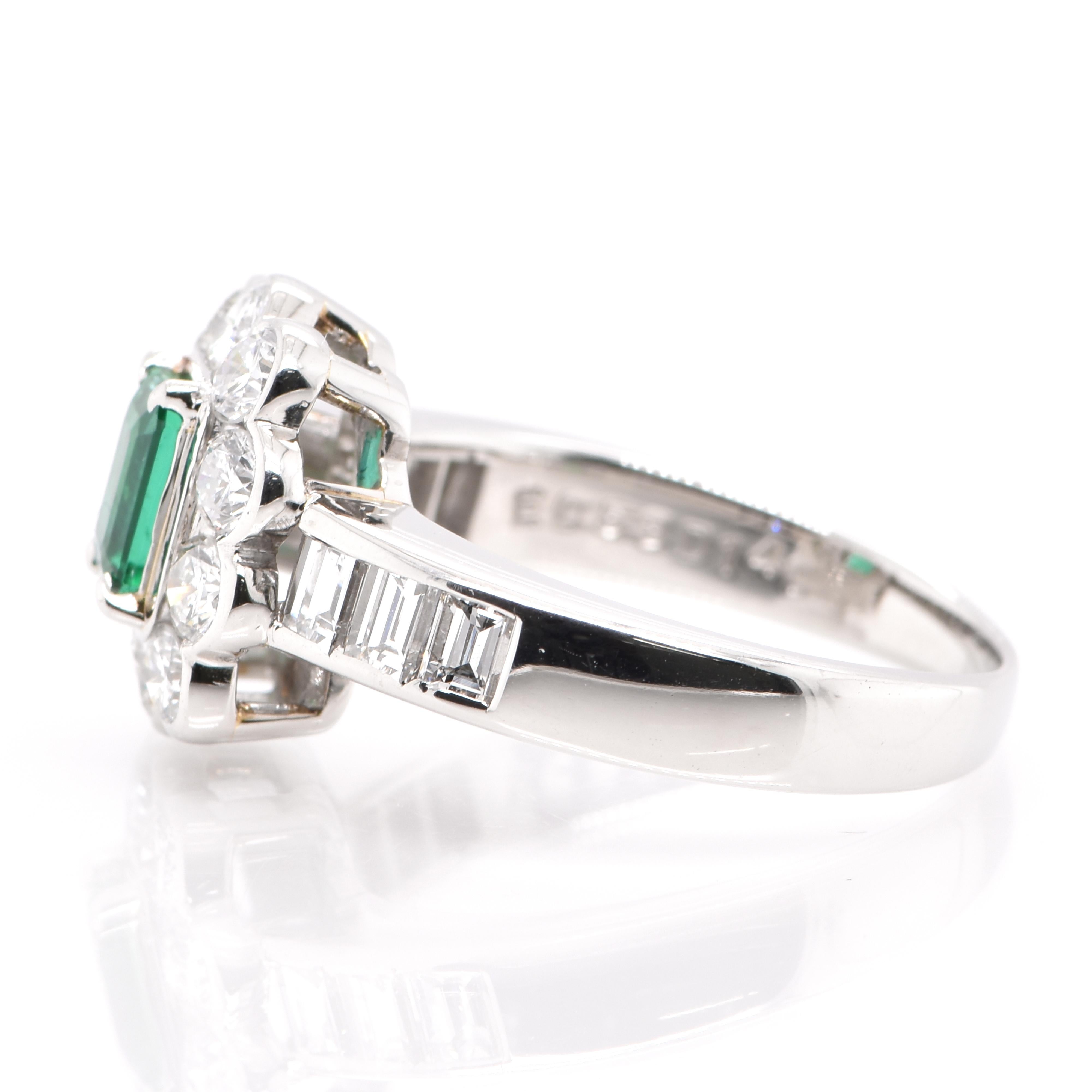Emerald Cut 0.53 Carat Natural Colombian Emerald and Diamond Ring Set in Platinum For Sale
