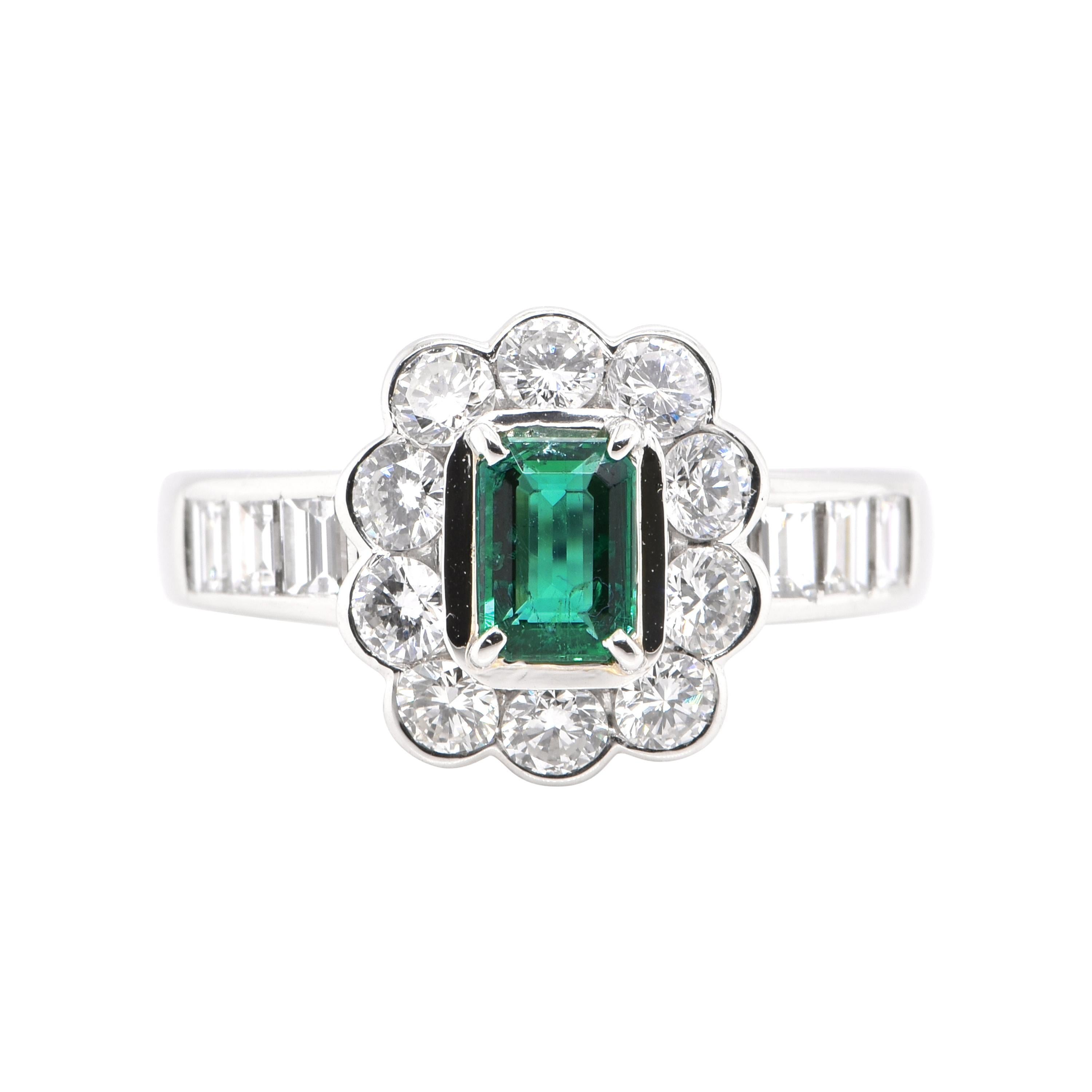 0.53 Carat Natural Colombian Emerald and Diamond Ring Set in Platinum For Sale