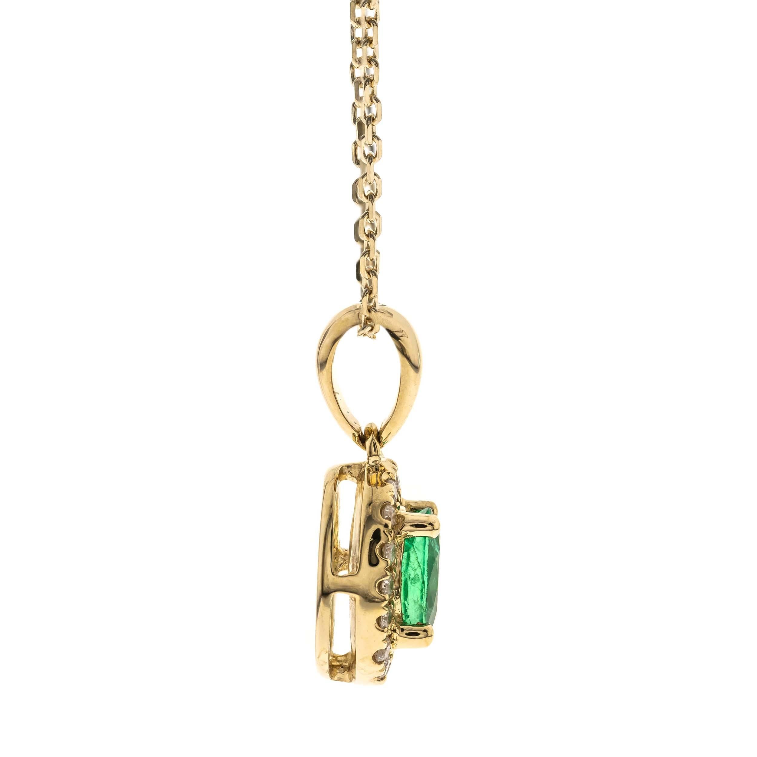 Art Deco 0.53 Carat Oval Cut Emerald Diamond Accents 10K Yellow Gold Pendant For Sale