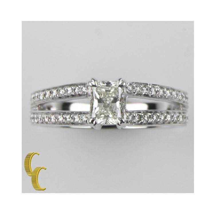 Modern 0.53 Carat Radiant Diamond Solitaire Ring with Accent Stones in White Gold