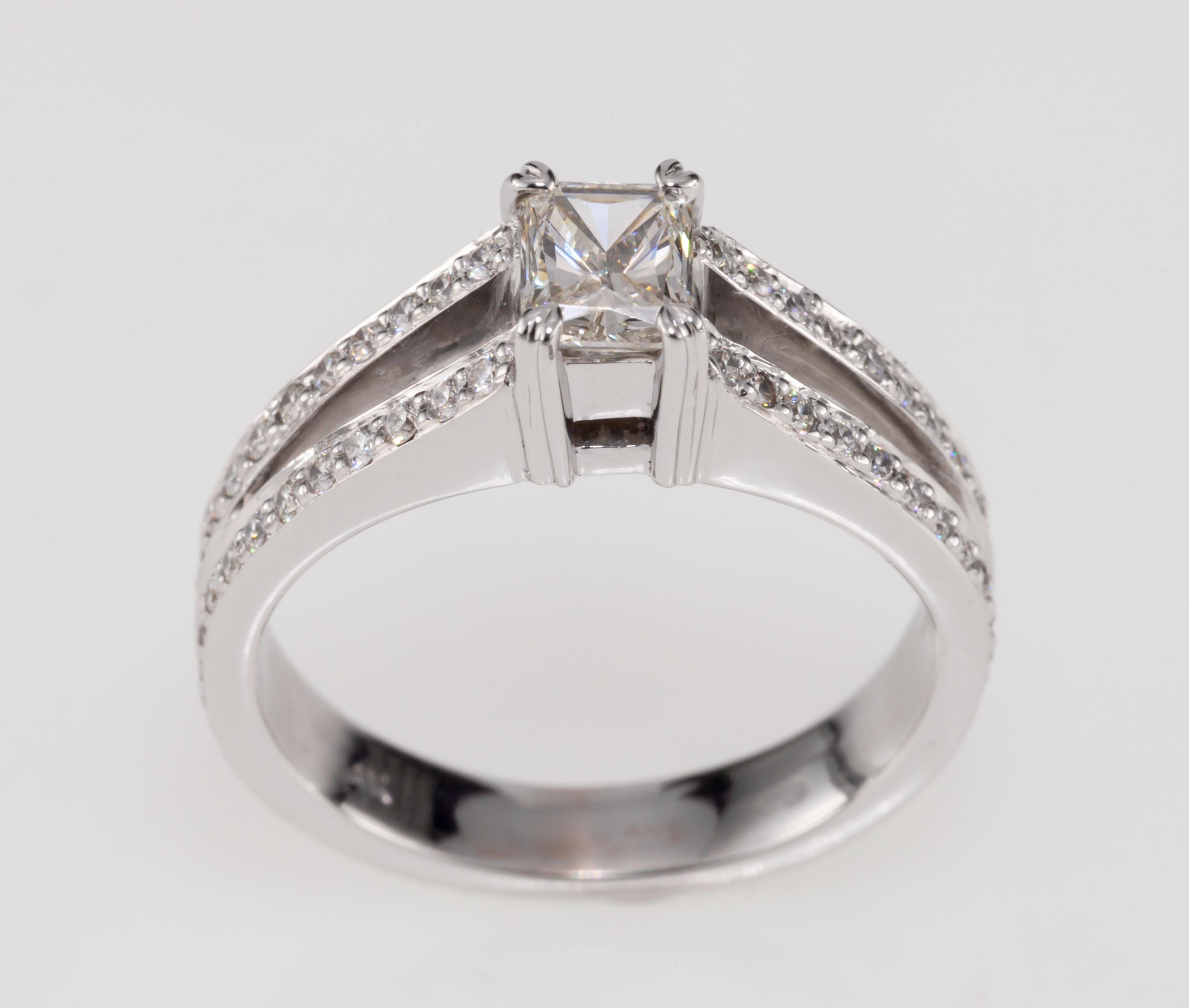 0.53 Carat Radiant Diamond Solitaire Ring with Accent Stones in White Gold 8