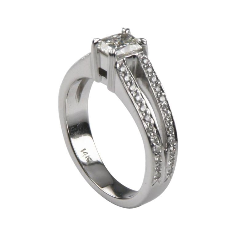 0.53 Carat Radiant Diamond Solitaire Ring with Accent Stones in White Gold