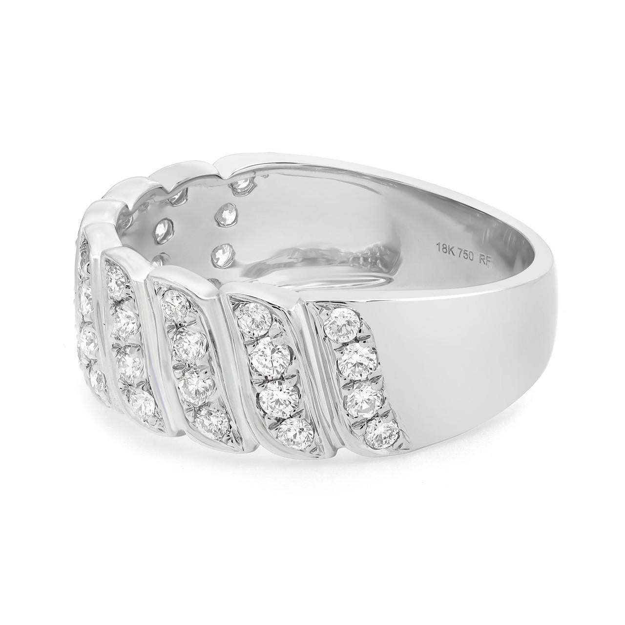 Introducing our breathtaking 0.53 Carat Round Cut Diamond Band Ring in 18K White Gold. This stunning piece is guaranteed to catch the eye with its dazzling display of diamonds. The fashionable and classic design of this diamond band ring makes it a