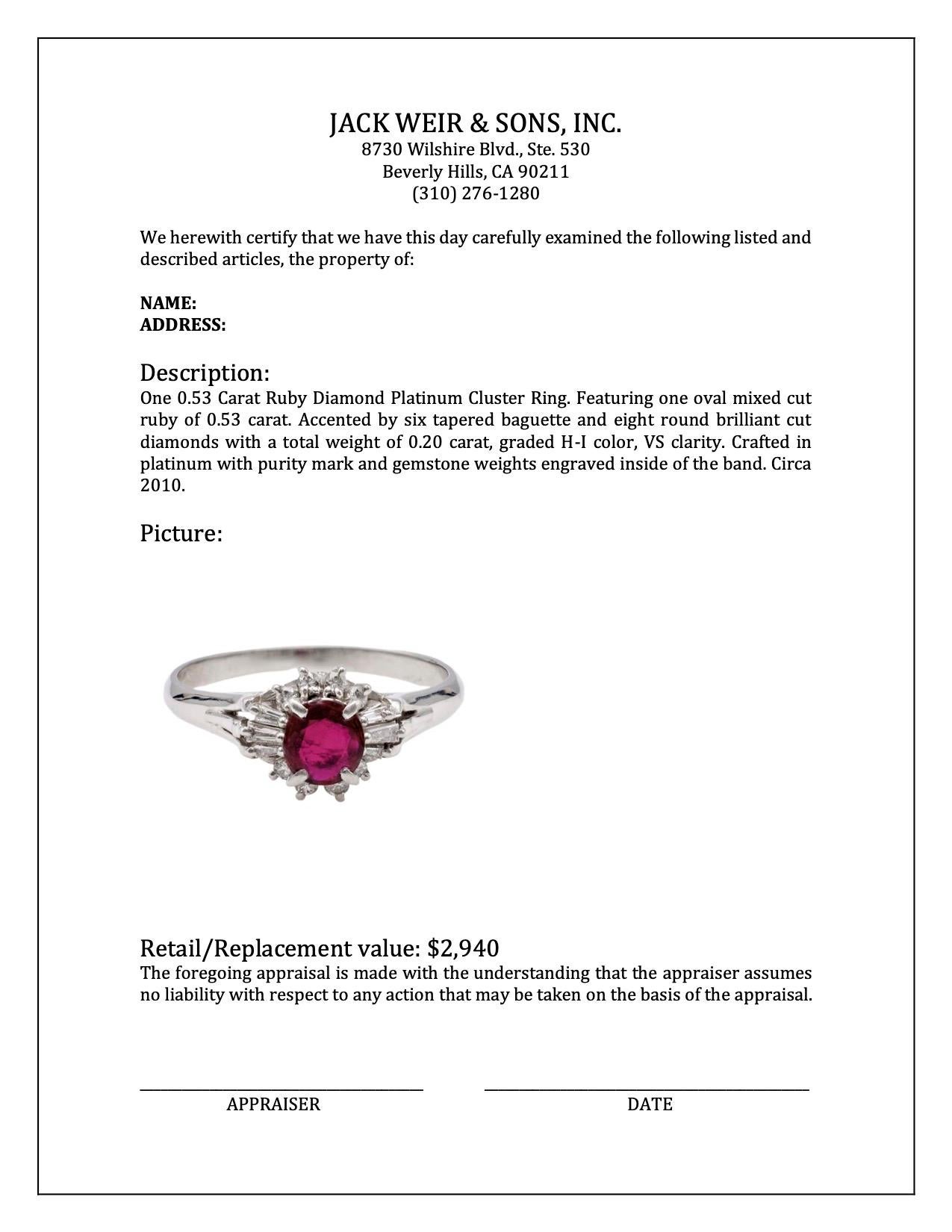 0.53 Carat Ruby Diamond Platinum Cluster Ring en vente 1
