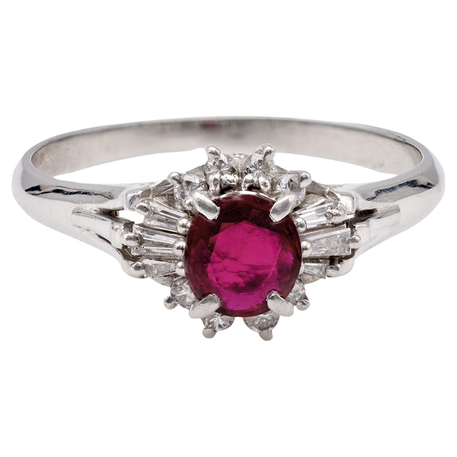 0.53 Carat Ruby Diamond Platinum Cluster Ring For Sale