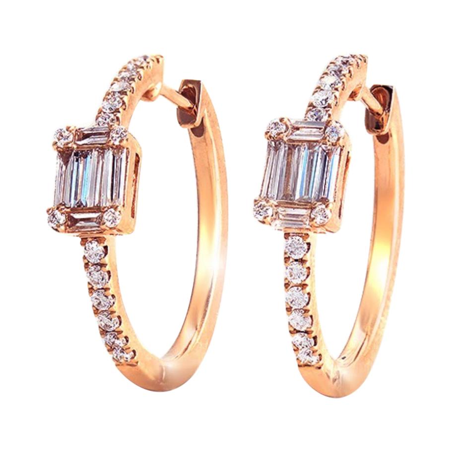 0.53 Ct Diamonds in 14k Rose Gold Hoop Earrings For Sale