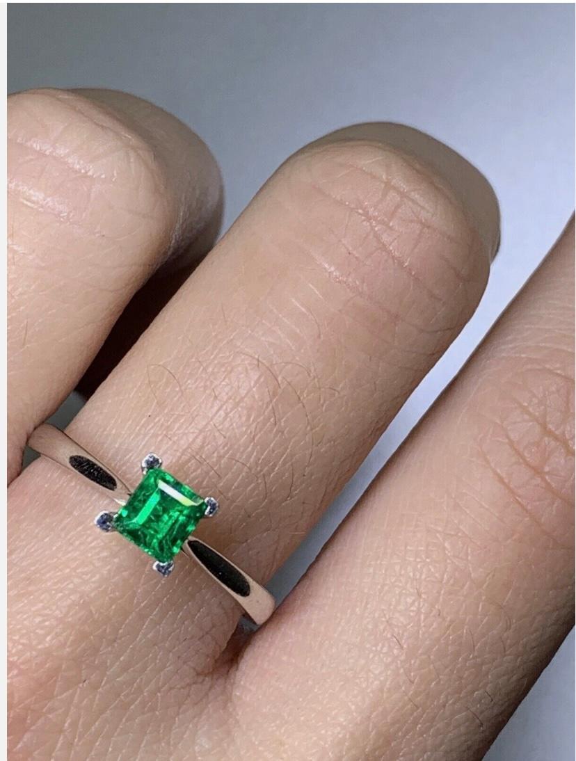 Art Deco 0.53ct Green Emerald Solitaire Engagement Ring In 18ct White Gold For Sale