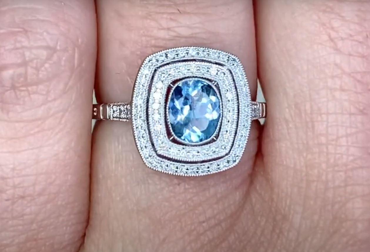 Art Deco 0.53ct Oval Cut Aquamarine Engagement Ring, Double Diamond Halo, Platinum For Sale