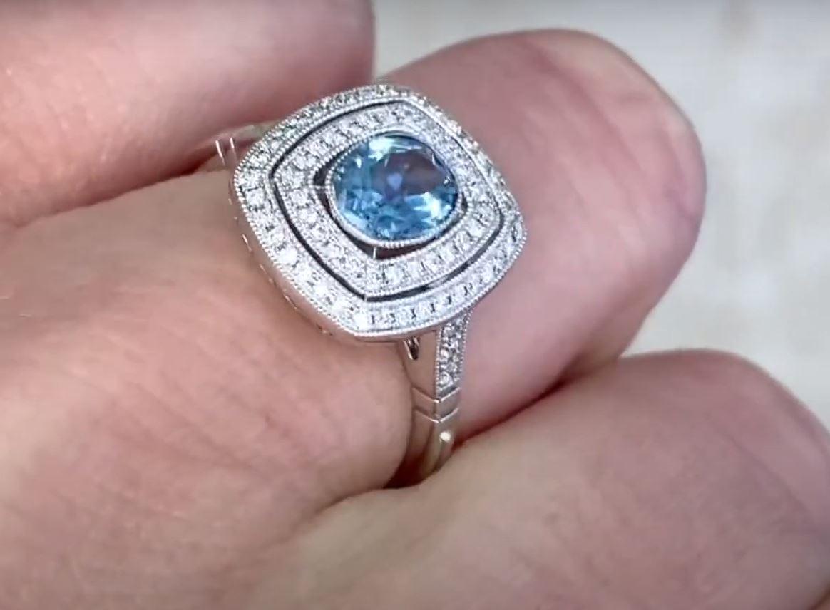 Women's 0.53ct Oval Cut Aquamarine Engagement Ring, Double Diamond Halo, Platinum For Sale