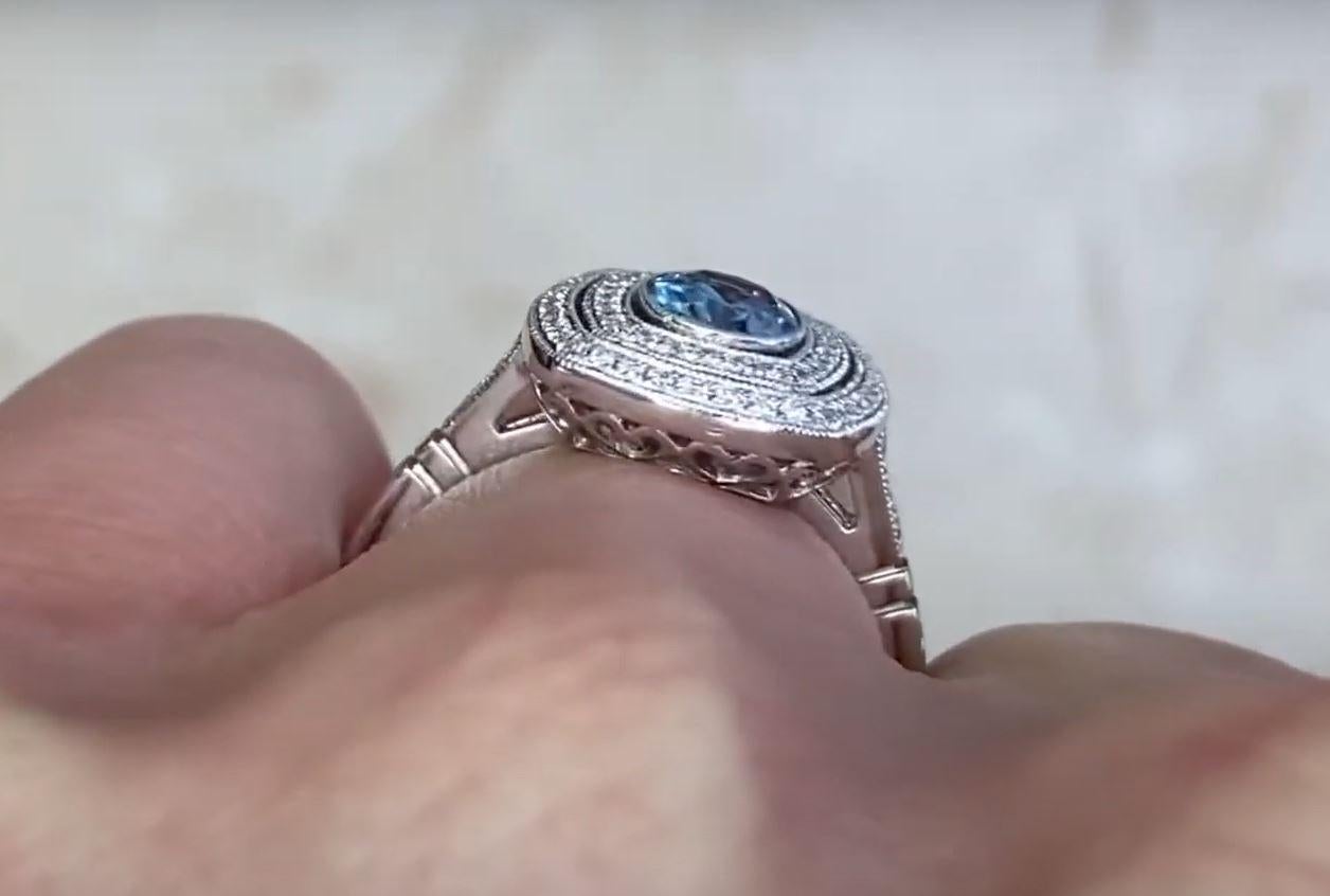 0.53ct Oval Cut Aquamarine Engagement Ring, Double Diamond Halo, Platinum For Sale 1