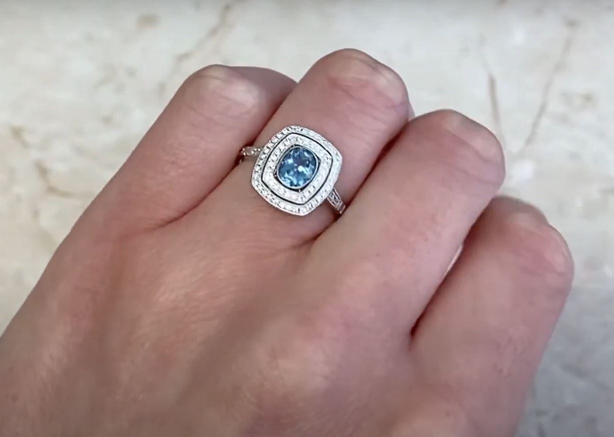 0.53ct Oval Cut Aquamarine Engagement Ring, Double Diamond Halo, Platinum For Sale 2