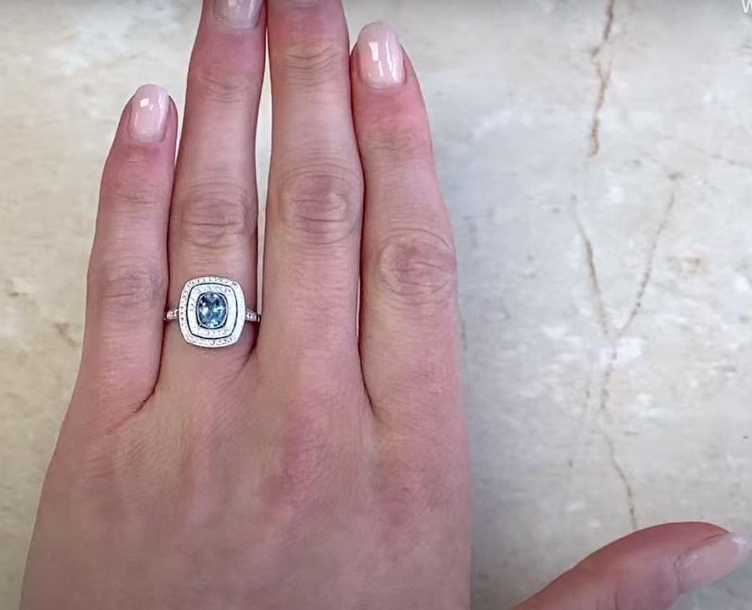 0.53ct Oval Cut Aquamarine Engagement Ring, Double Diamond Halo, Platinum For Sale 3