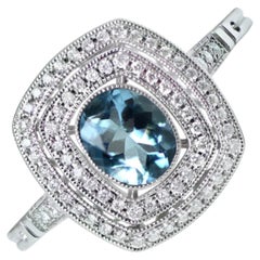 0.53ct Oval Cut Aquamarine Engagement Ring, Double Diamond Halo, Platinum