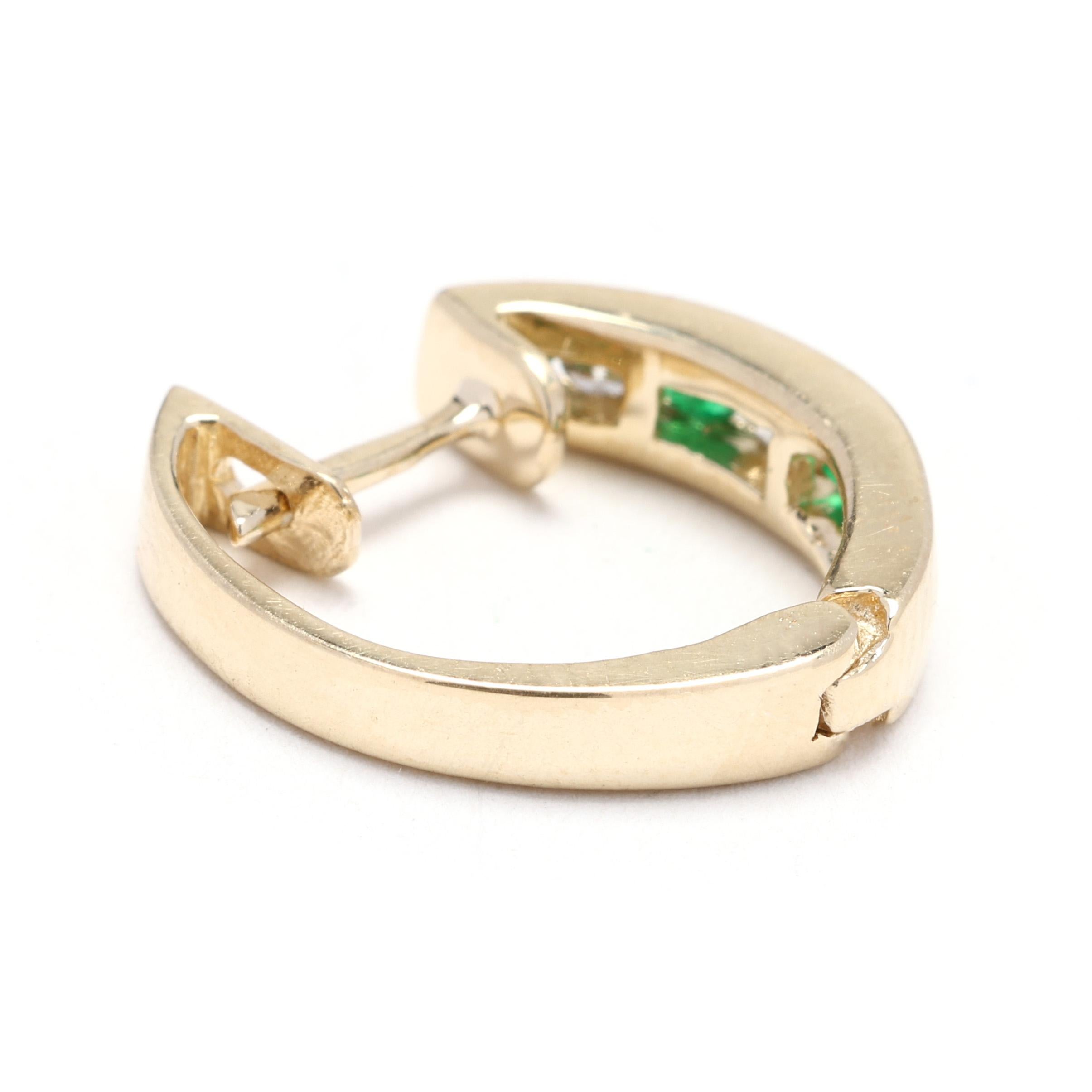 Women's or Men's 0.53ctw Diamond and Emerald Hoops, 14k Yellow Gold, Huggie Hoops, Sparkle For Sale