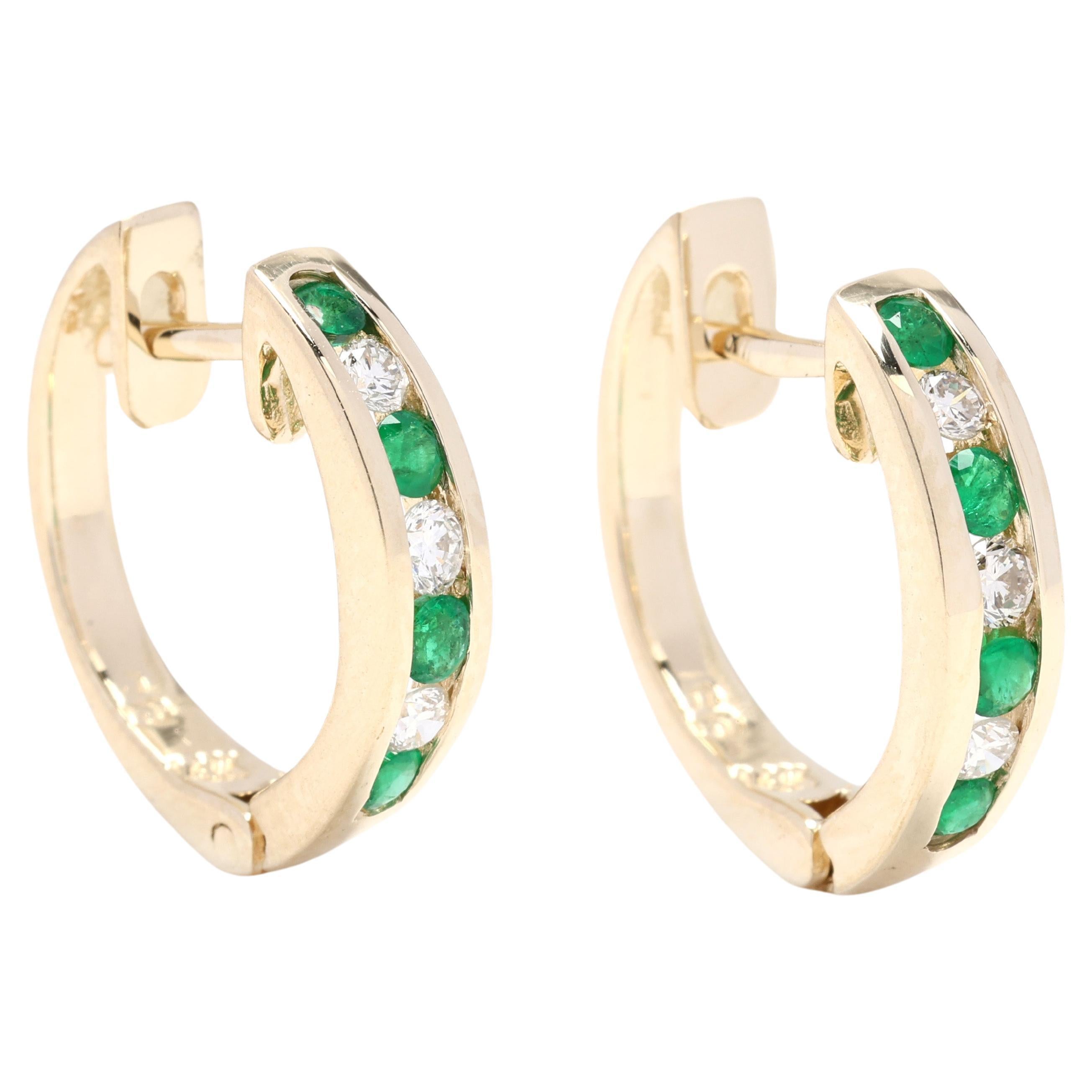 0.53ctw Diamond and Emerald Hoops, 14k Yellow Gold, Huggie Hoops, Sparkle For Sale