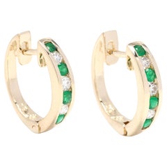 0.53ctw Diamond and Emerald Hoops, 14k Yellow Gold, Huggie Hoops, Sparkle